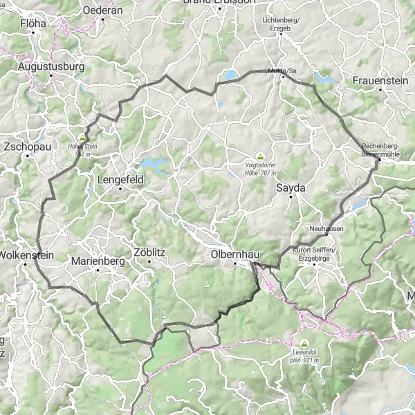 Map miniature of "Tour de Ore Mountains" cycling inspiration in Chemnitz, Germany. Generated by Tarmacs.app cycling route planner