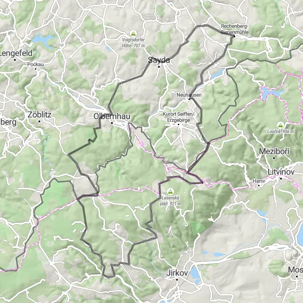 Map miniature of "Rechenberg-Bienenmühle to Clausnitz Loop" cycling inspiration in Chemnitz, Germany. Generated by Tarmacs.app cycling route planner