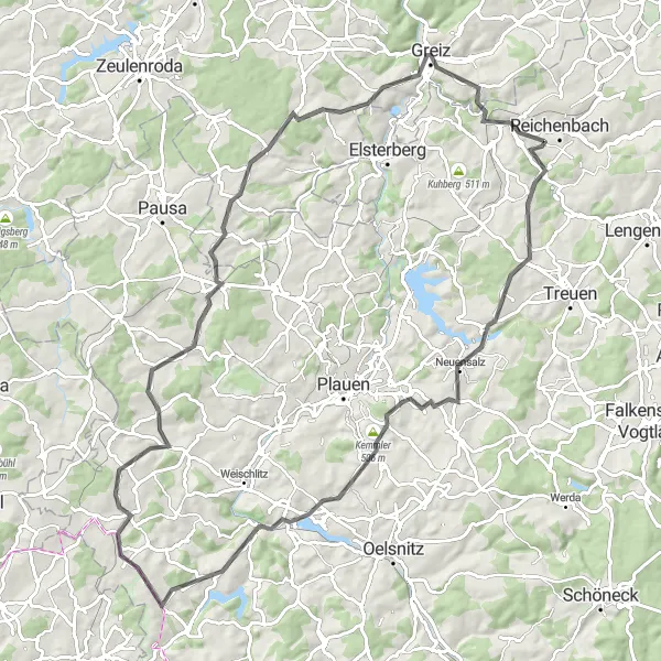 Map miniature of "Hills of Kemmler" cycling inspiration in Chemnitz, Germany. Generated by Tarmacs.app cycling route planner