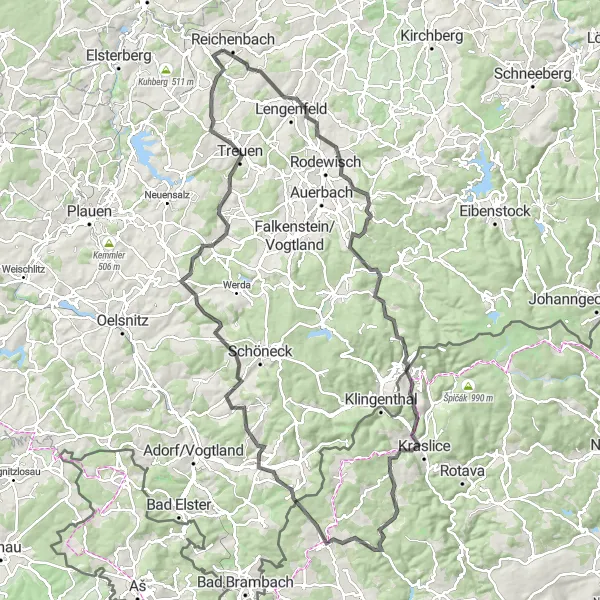 Karten-Miniaturansicht der Radinspiration "Rund um Reichenbach - Große Ausblicke und historische Sehenswürdigkeiten" in Chemnitz, Germany. Erstellt vom Tarmacs.app-Routenplaner für Radtouren