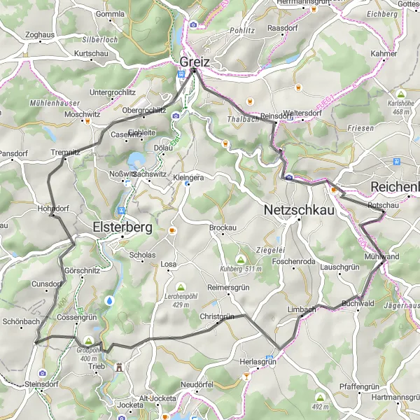 Map miniature of "Reichenbach/Vogtland Road Challenge" cycling inspiration in Chemnitz, Germany. Generated by Tarmacs.app cycling route planner