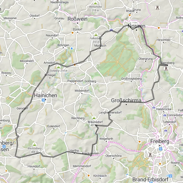 Map miniature of "Chemnitz and Meissen Loop" cycling inspiration in Chemnitz, Germany. Generated by Tarmacs.app cycling route planner