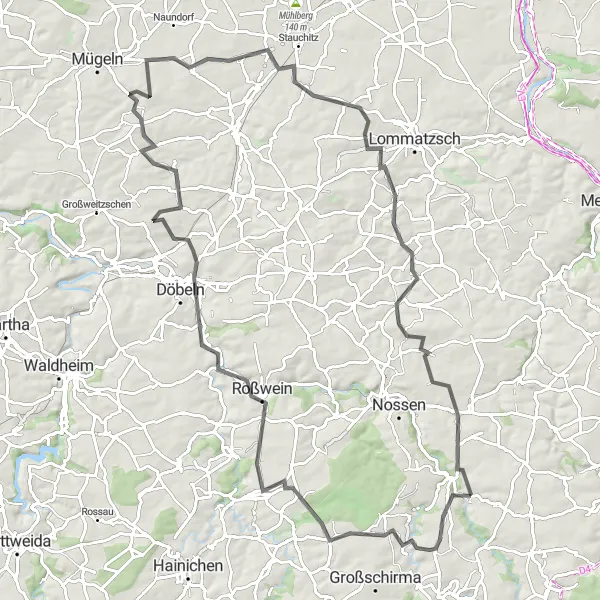 Map miniature of "Roßwein Scenic Tour" cycling inspiration in Chemnitz, Germany. Generated by Tarmacs.app cycling route planner