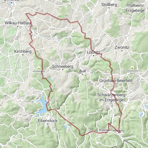 Map miniature of "Gravel Adventure in Rittersgrün" cycling inspiration in Chemnitz, Germany. Generated by Tarmacs.app cycling route planner