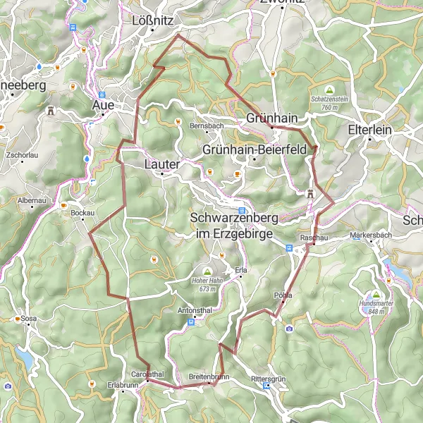 Map miniature of "Off-Road Adventure near Rittersgrün" cycling inspiration in Chemnitz, Germany. Generated by Tarmacs.app cycling route planner