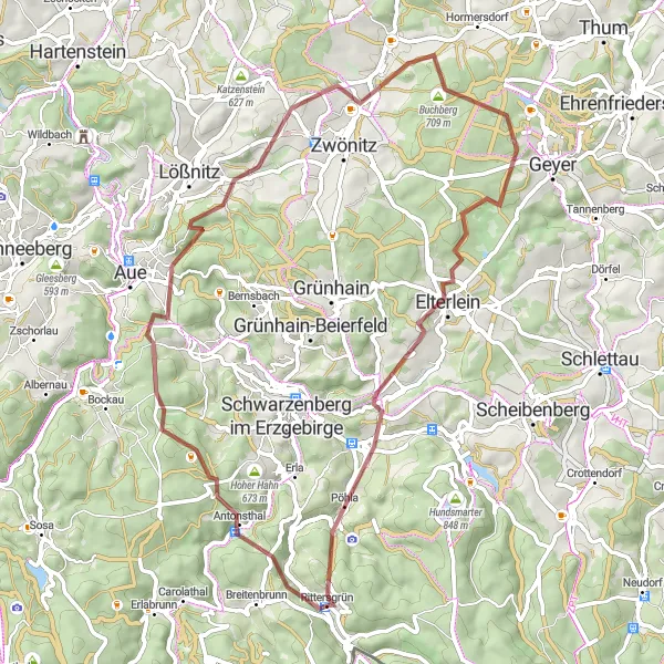 Map miniature of "The Gravel Escape" cycling inspiration in Chemnitz, Germany. Generated by Tarmacs.app cycling route planner