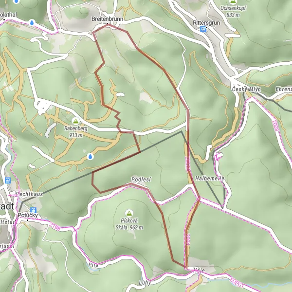 Map miniature of "Breitenbrunn - Riedelfelsen - Halbemeile - Sauberg Gravel Ride" cycling inspiration in Chemnitz, Germany. Generated by Tarmacs.app cycling route planner