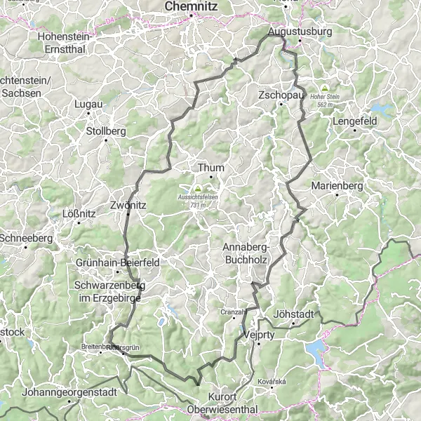 Karten-Miniaturansicht der Radinspiration "Erzgebirgische Panoramarunde" in Chemnitz, Germany. Erstellt vom Tarmacs.app-Routenplaner für Radtouren