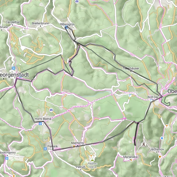 Map miniature of "The Ore Mountain Road Adventure" cycling inspiration in Chemnitz, Germany. Generated by Tarmacs.app cycling route planner