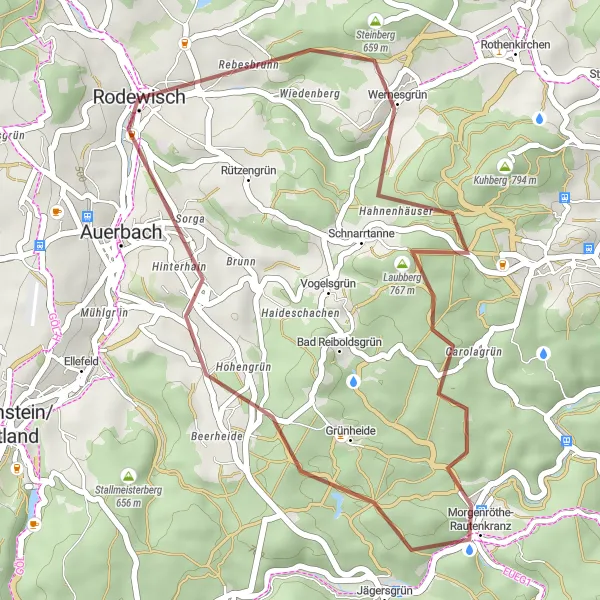 Map miniature of "Rodewisch to Morgenröthe-Rautenkranz Gravel Ride" cycling inspiration in Chemnitz, Germany. Generated by Tarmacs.app cycling route planner