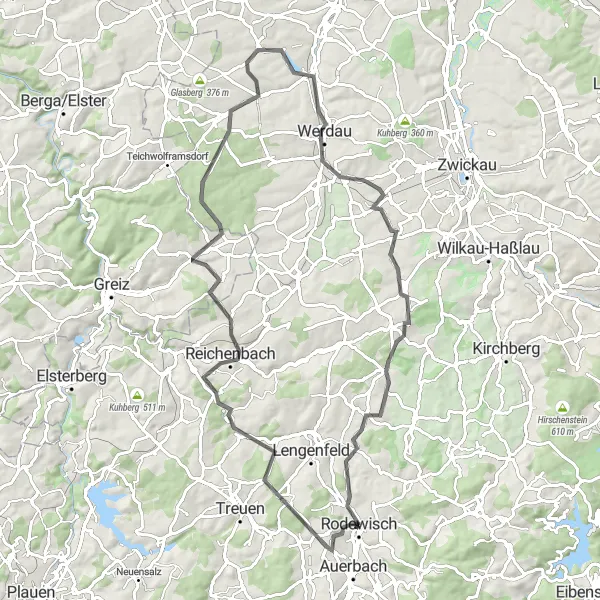 Map miniature of "Rodewisch to Vorderer Hübel Adventure" cycling inspiration in Chemnitz, Germany. Generated by Tarmacs.app cycling route planner