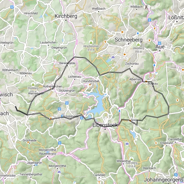 Karten-Miniaturansicht der Radinspiration "Rützengrün und Zschorlau Rundtour" in Chemnitz, Germany. Erstellt vom Tarmacs.app-Routenplaner für Radtouren