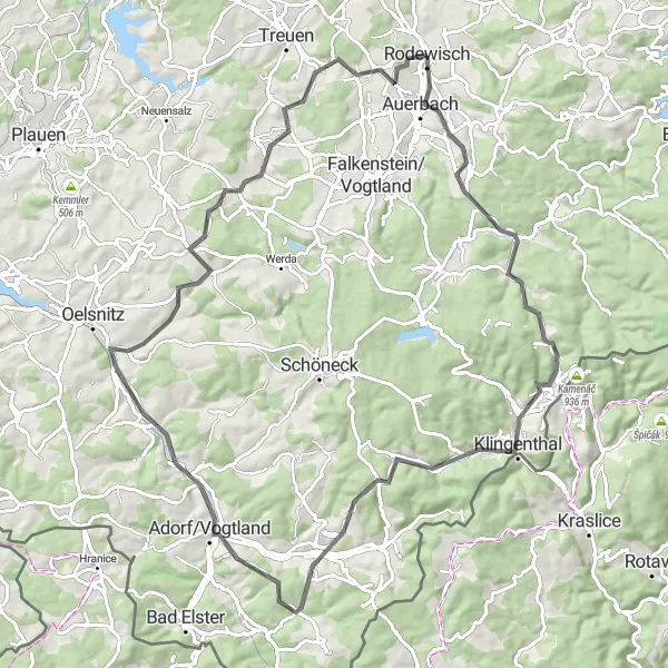 Map miniature of "Vogtland Road Explorer" cycling inspiration in Chemnitz, Germany. Generated by Tarmacs.app cycling route planner