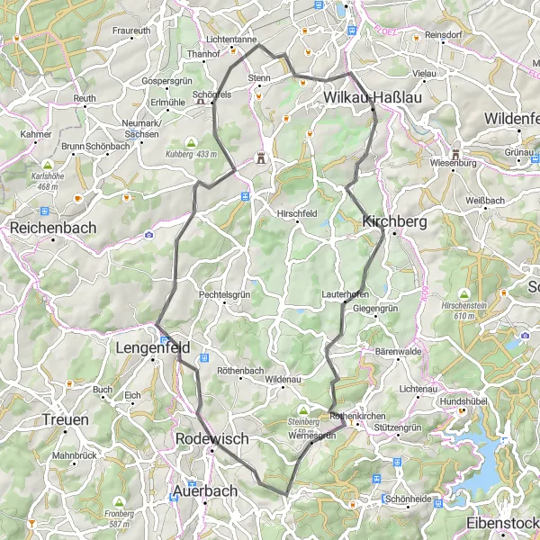 Map miniature of "Rodewisch Road Loop" cycling inspiration in Chemnitz, Germany. Generated by Tarmacs.app cycling route planner