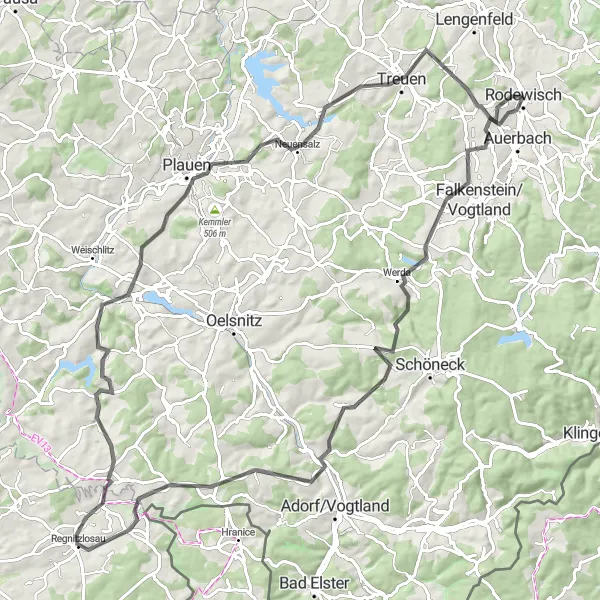 Map miniature of "Rodewisch to Plauen Loop" cycling inspiration in Chemnitz, Germany. Generated by Tarmacs.app cycling route planner