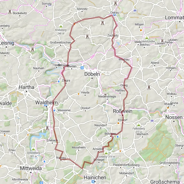 Karten-Miniaturansicht der Radinspiration "Gravel-Tour durch Mittelsachsen" in Chemnitz, Germany. Erstellt vom Tarmacs.app-Routenplaner für Radtouren