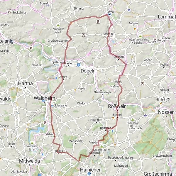 Map miniature of "Scenic Gravel Loop through Rossau" cycling inspiration in Chemnitz, Germany. Generated by Tarmacs.app cycling route planner