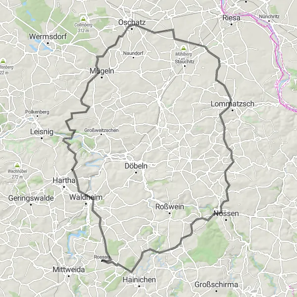 Map miniature of "Rossau to Chemnitz and Back" cycling inspiration in Chemnitz, Germany. Generated by Tarmacs.app cycling route planner