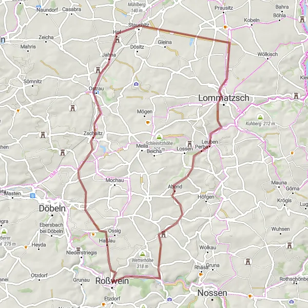 Map miniature of "Roßwein and Surroundings Gravel Route" cycling inspiration in Chemnitz, Germany. Generated by Tarmacs.app cycling route planner