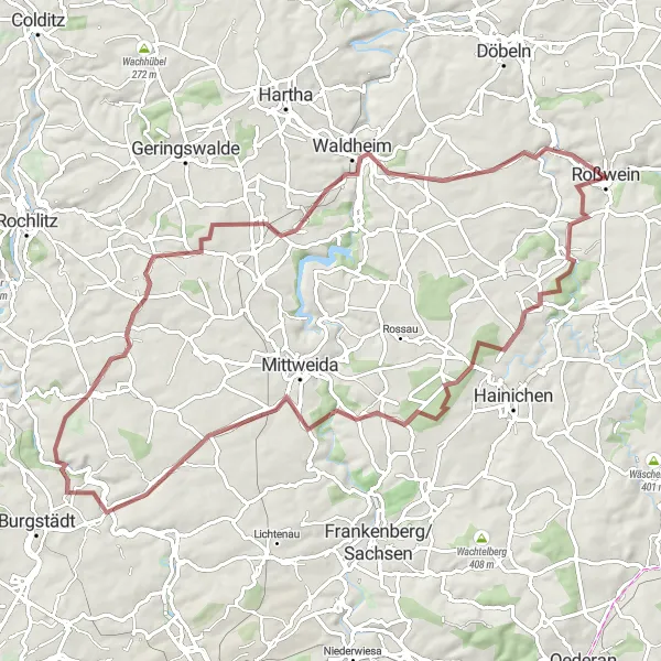 Map miniature of "Challenging Gravel Route around Roßwein" cycling inspiration in Chemnitz, Germany. Generated by Tarmacs.app cycling route planner