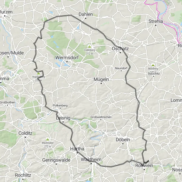 Map miniature of "Roßwein and Beyond Road Cycling Loop" cycling inspiration in Chemnitz, Germany. Generated by Tarmacs.app cycling route planner