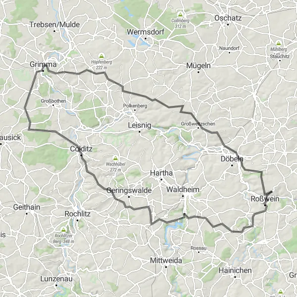 Karten-Miniaturansicht der Radinspiration "Hügeliges Abenteuer um Roßwein" in Chemnitz, Germany. Erstellt vom Tarmacs.app-Routenplaner für Radtouren