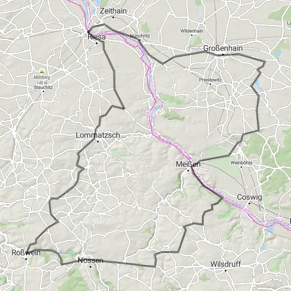 Map miniature of "Challenging Ride: Roßwein to Großenhain" cycling inspiration in Chemnitz, Germany. Generated by Tarmacs.app cycling route planner