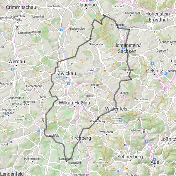 Map miniature of "Wildenfels and Aschberg Tour" cycling inspiration in Chemnitz, Germany. Generated by Tarmacs.app cycling route planner
