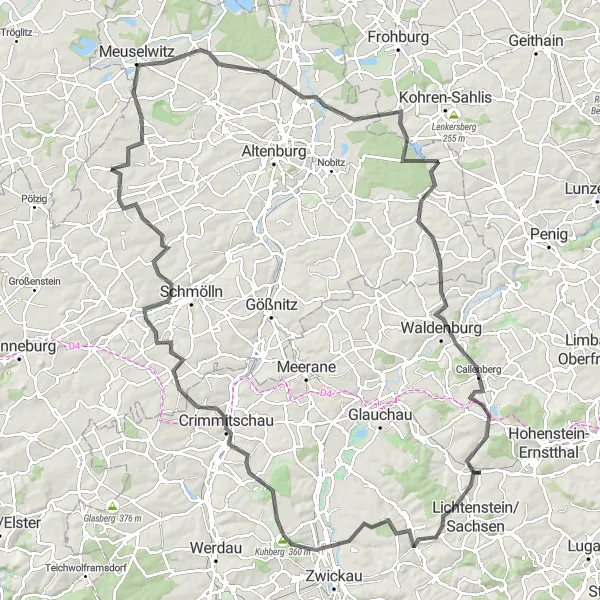 Map miniature of "Crimmitschau and Talsperre Schömbach Road Loop" cycling inspiration in Chemnitz, Germany. Generated by Tarmacs.app cycling route planner