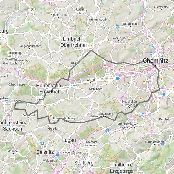 Map miniature of "Erzgebirgsblick Loop" cycling inspiration in Chemnitz, Germany. Generated by Tarmacs.app cycling route planner