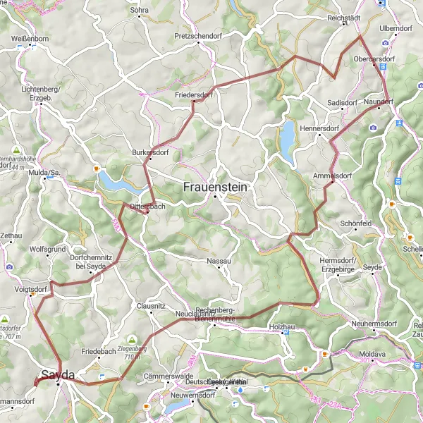 Map miniature of "Gravel Ride to Rechenberg-Bienenmühle" cycling inspiration in Chemnitz, Germany. Generated by Tarmacs.app cycling route planner