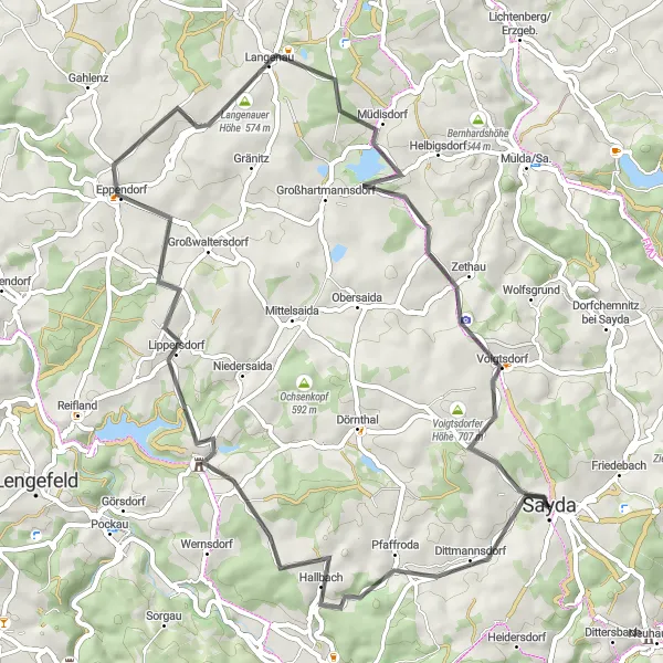 Karten-Miniaturansicht der Radinspiration "Hügelige Straßenfahrt um Sayda" in Chemnitz, Germany. Erstellt vom Tarmacs.app-Routenplaner für Radtouren