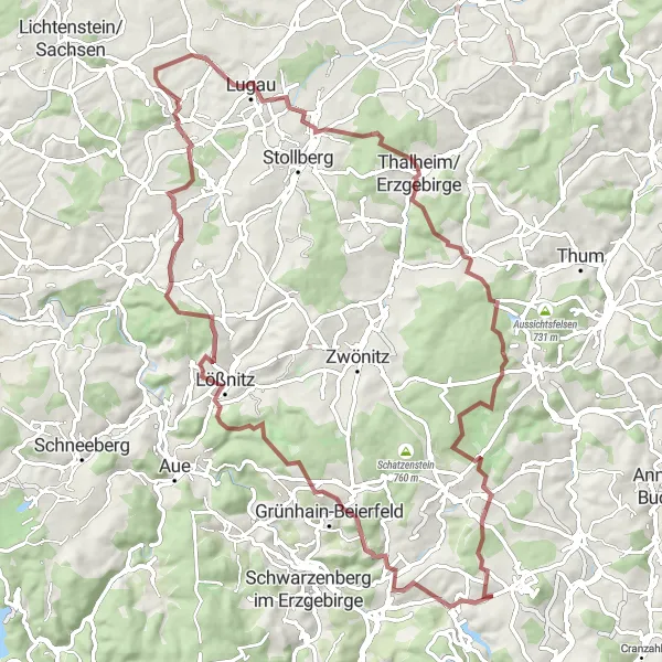 Map miniature of "Epic Gravel Journey to Erzgebirgsbalkon and Niederdorf" cycling inspiration in Chemnitz, Germany. Generated by Tarmacs.app cycling route planner