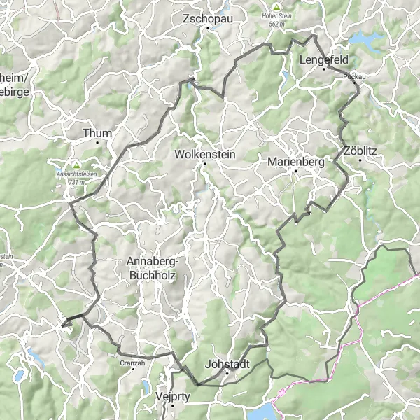 Map miniature of "The Ore Mountains Epic" cycling inspiration in Chemnitz, Germany. Generated by Tarmacs.app cycling route planner