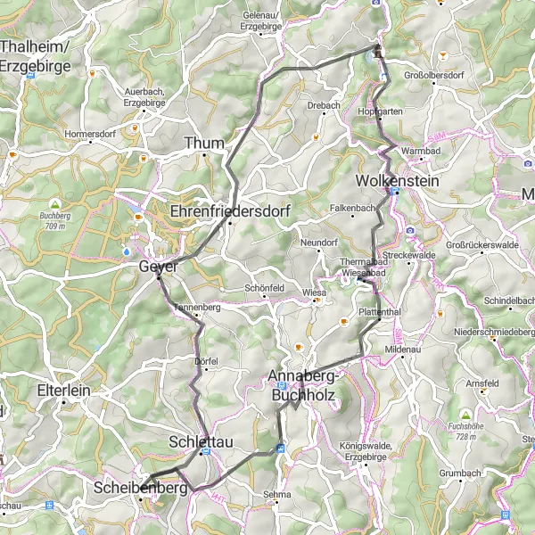 Map miniature of "The Challenging Road Route to Schlettau" cycling inspiration in Chemnitz, Germany. Generated by Tarmacs.app cycling route planner