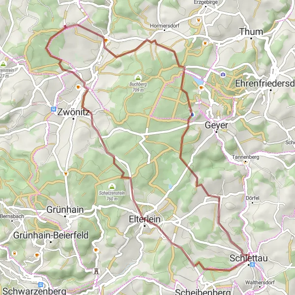 Map miniature of "Gravel Tour through Schlettau and Surrounding" cycling inspiration in Chemnitz, Germany. Generated by Tarmacs.app cycling route planner