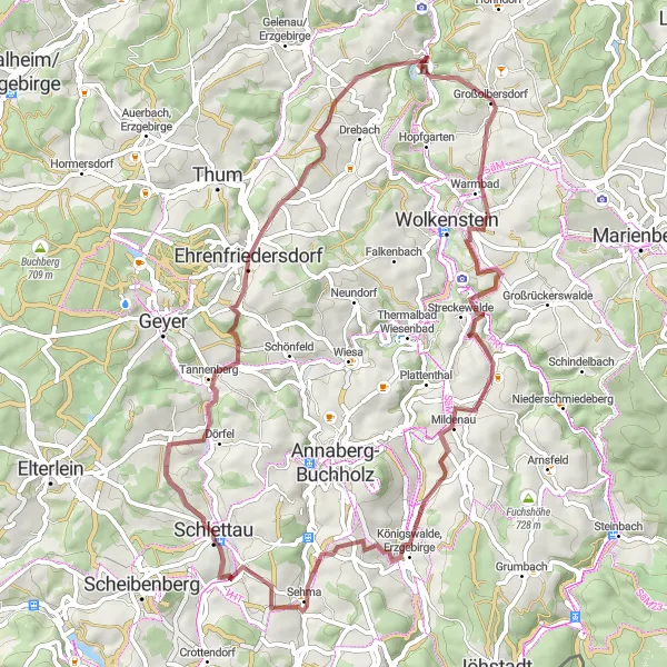 Map miniature of "Schlettau Gravel Adventure" cycling inspiration in Chemnitz, Germany. Generated by Tarmacs.app cycling route planner