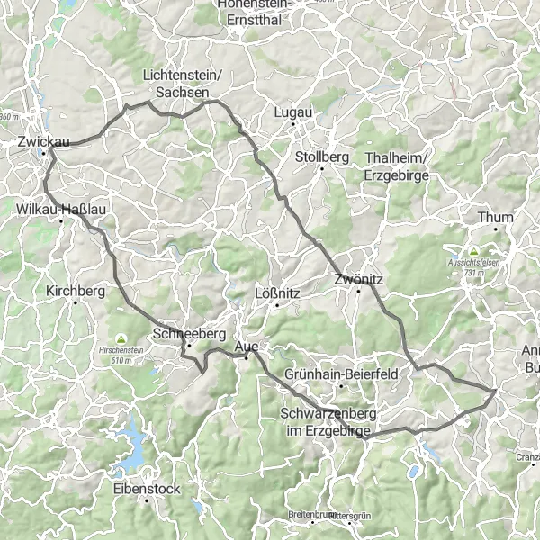 Karten-Miniaturansicht der Radinspiration "Raschau und Wiesenburg Rundweg" in Chemnitz, Germany. Erstellt vom Tarmacs.app-Routenplaner für Radtouren