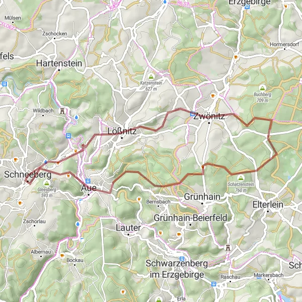 Map miniature of "Scenic Gravel Tour" cycling inspiration in Chemnitz, Germany. Generated by Tarmacs.app cycling route planner