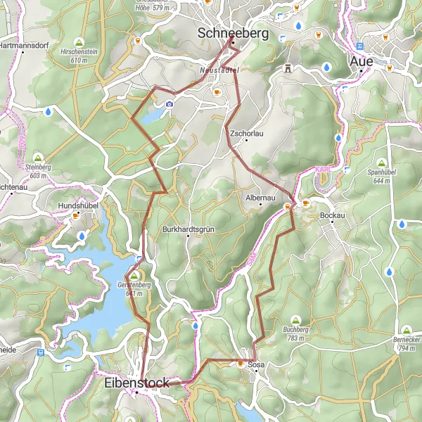 Map miniature of "Sosa Gravel Loop" cycling inspiration in Chemnitz, Germany. Generated by Tarmacs.app cycling route planner