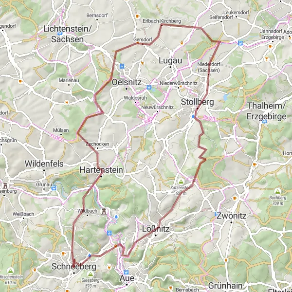 Map miniature of "Schneeberg Gravel Adventure" cycling inspiration in Chemnitz, Germany. Generated by Tarmacs.app cycling route planner