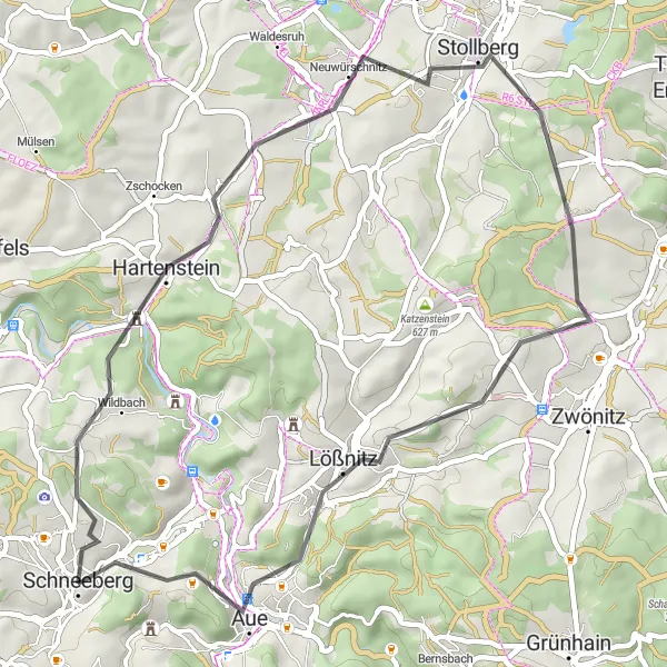 Map miniature of "Schneeberg Loop" cycling inspiration in Chemnitz, Germany. Generated by Tarmacs.app cycling route planner