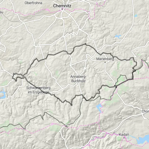 Map miniature of "Erzgebirge Adventure" cycling inspiration in Chemnitz, Germany. Generated by Tarmacs.app cycling route planner