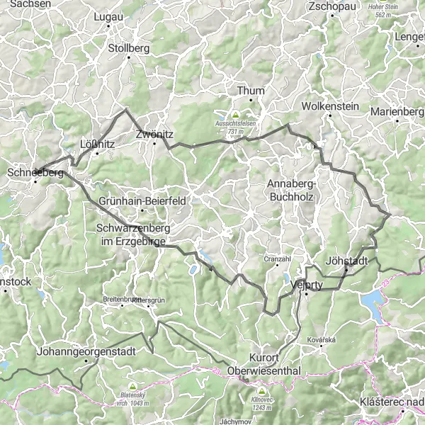 Map miniature of "Schneeberg Adventure" cycling inspiration in Chemnitz, Germany. Generated by Tarmacs.app cycling route planner