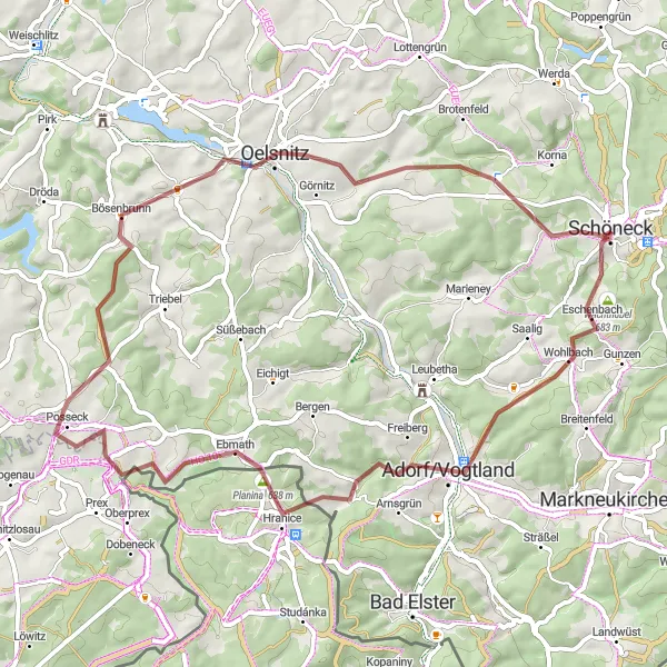 Map miniature of "Vogtland Gravel Tour" cycling inspiration in Chemnitz, Germany. Generated by Tarmacs.app cycling route planner