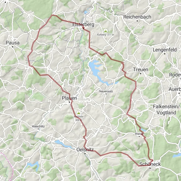 Map miniature of "Gravel Adventure through Vogtland" cycling inspiration in Chemnitz, Germany. Generated by Tarmacs.app cycling route planner