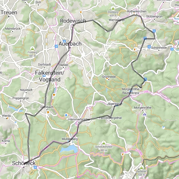 Map miniature of "Vogtland Hill Loop" cycling inspiration in Chemnitz, Germany. Generated by Tarmacs.app cycling route planner