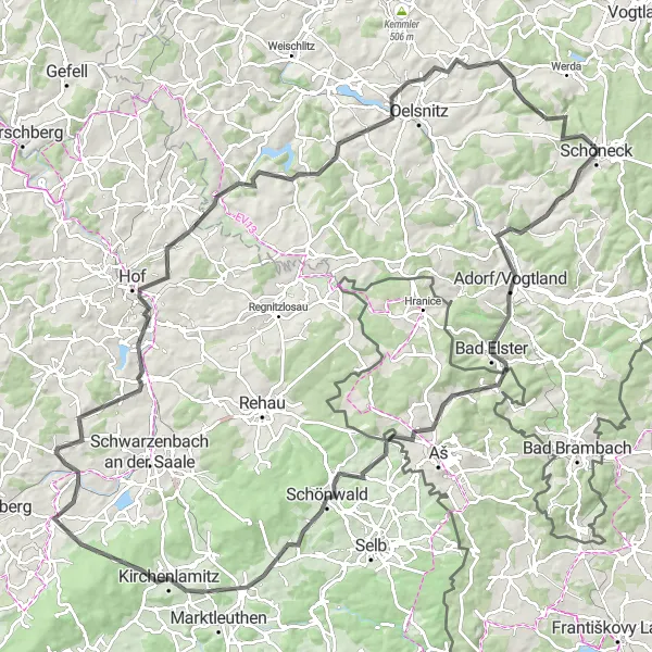 Karten-Miniaturansicht der Radinspiration "Höhenmeter sammeln um Vogtland" in Chemnitz, Germany. Erstellt vom Tarmacs.app-Routenplaner für Radtouren