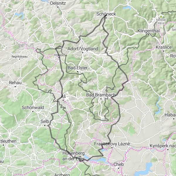 Map miniature of "Markneukirchen Loop through Czech Border" cycling inspiration in Chemnitz, Germany. Generated by Tarmacs.app cycling route planner