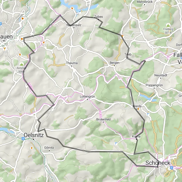 Map miniature of "Schöneck - Plattenstein Scenic Tour" cycling inspiration in Chemnitz, Germany. Generated by Tarmacs.app cycling route planner